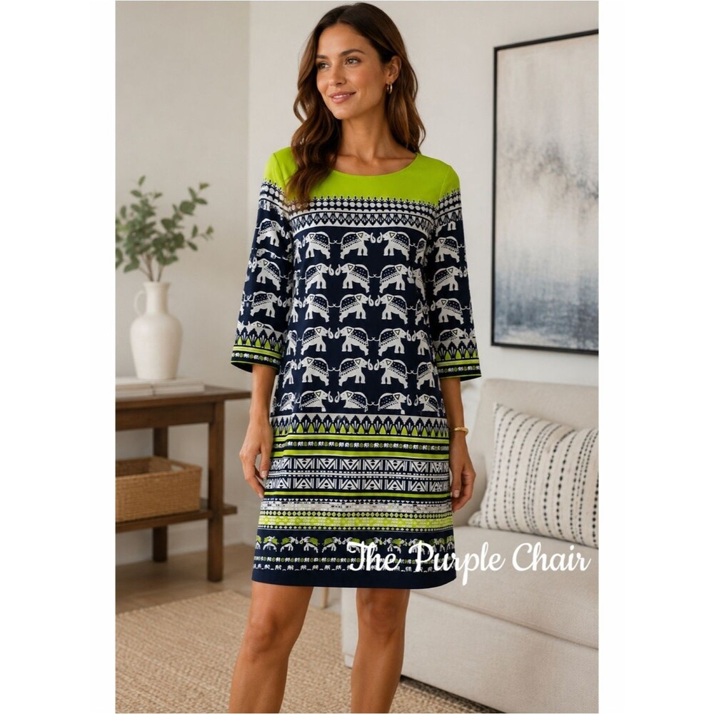 CROWN & IVY NWT Mixed/Elephant Print Colorblock 3/4 Sleeve Shift Dress 4